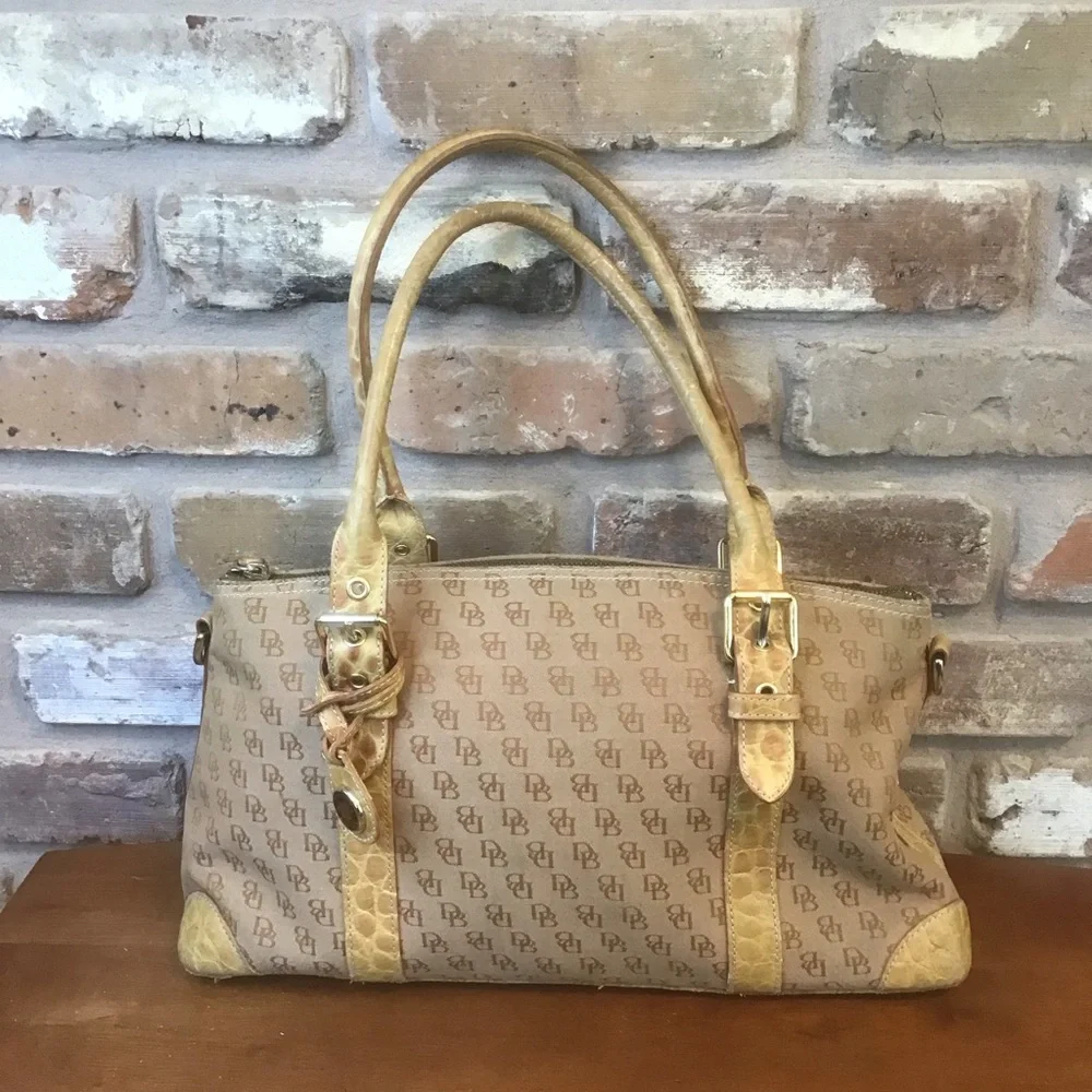 DOONEY & BOURKE Vintage Tan Signature Jacquard Croc Leather Trim Satchel Bag